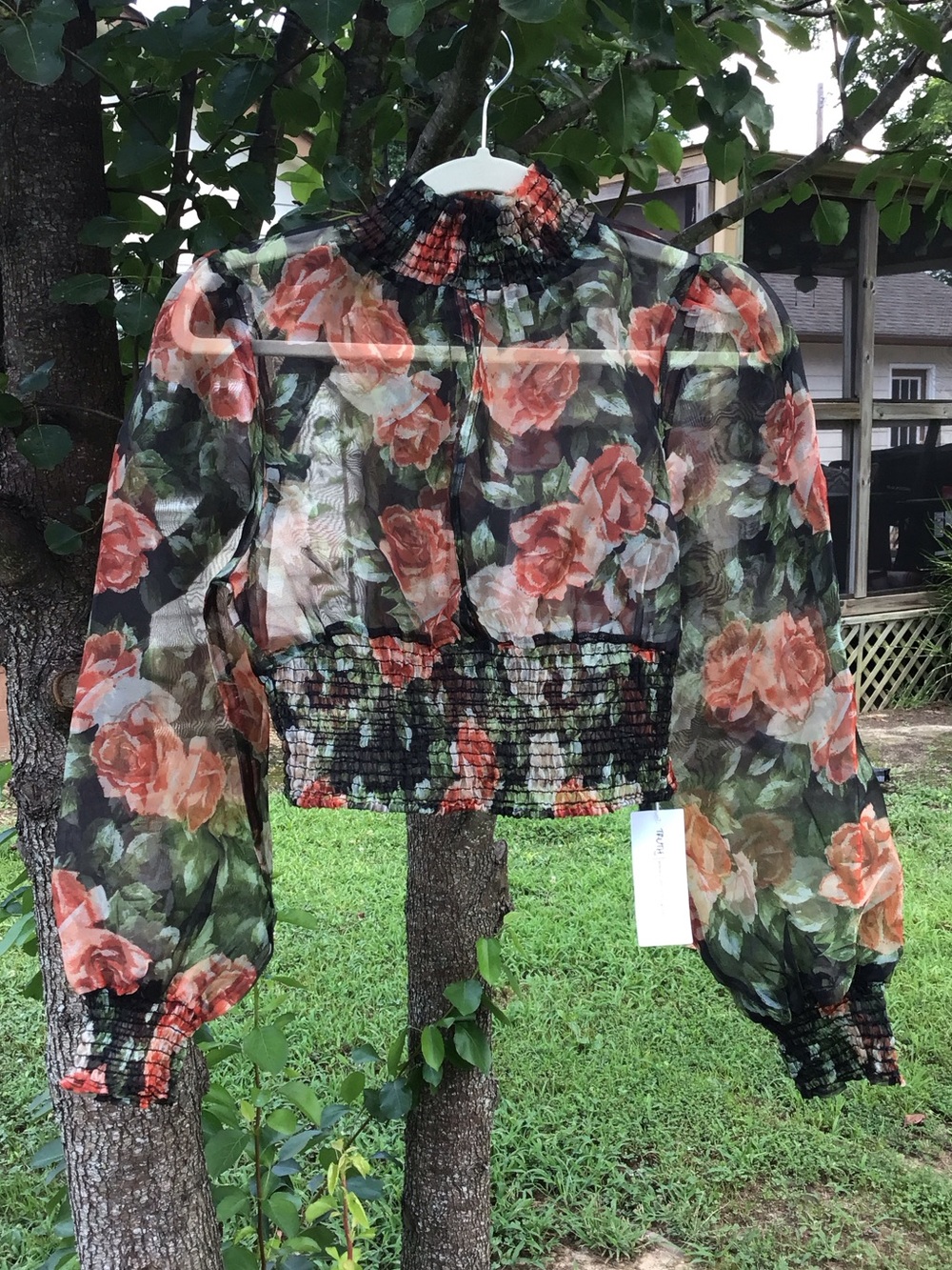 Truth NYC Sheer Floral Smocked Crop Top— Black with Peach Roses